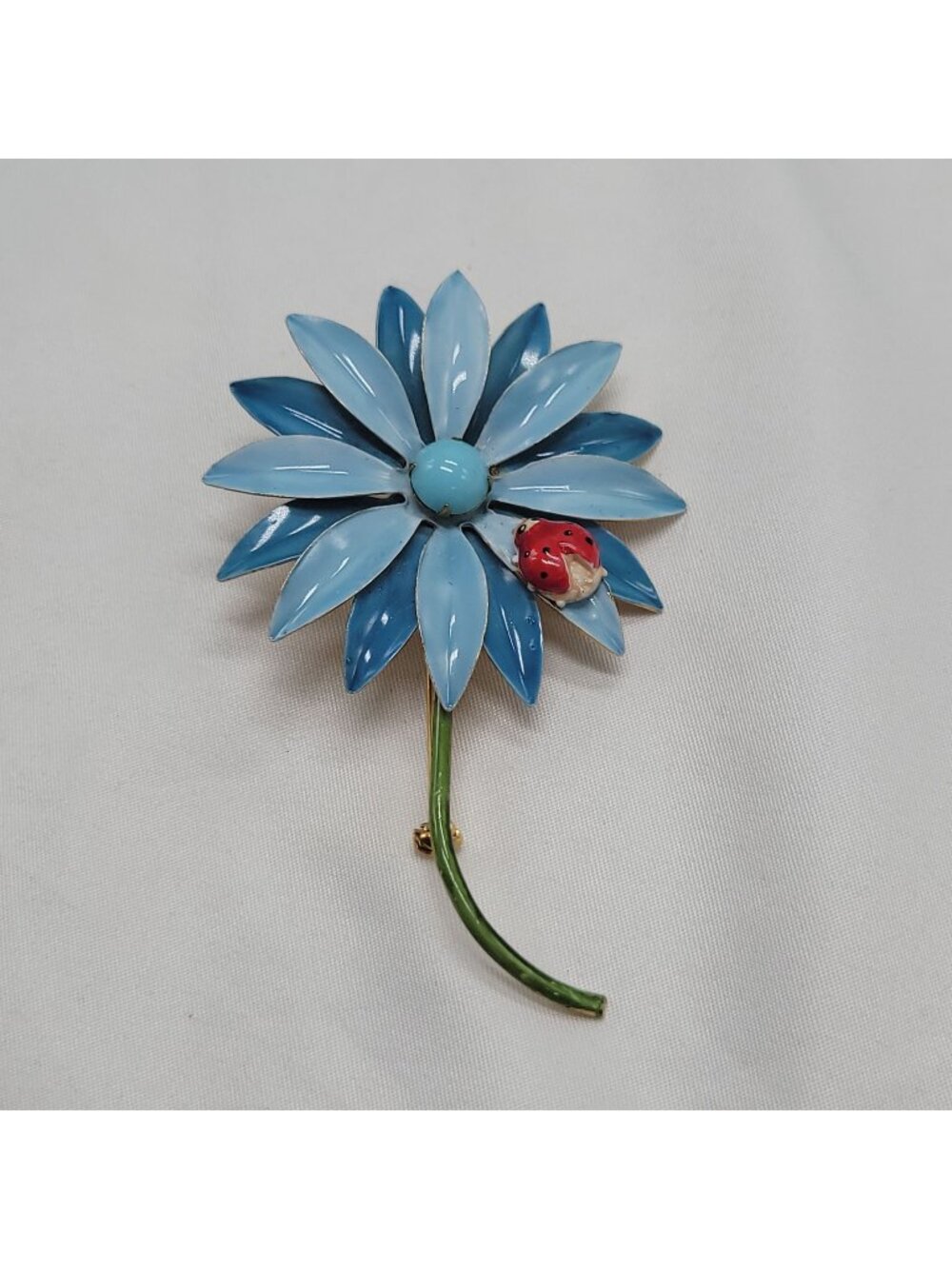Vtg Original By Robert Enamel Blue Flower Power Brooch With Ladybug Gold-Tone